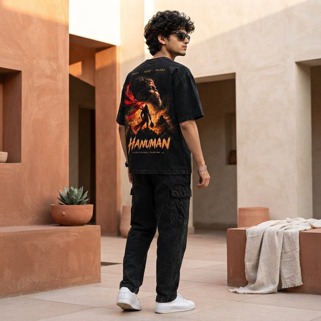 A young South Asian man wearing a black oversized Hanuman graphic T-shirt standing in a sunlit urban courtyard.